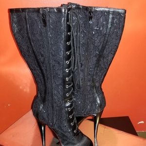 Blk Lace 6" Platform Stacked Heel Knee High Boot